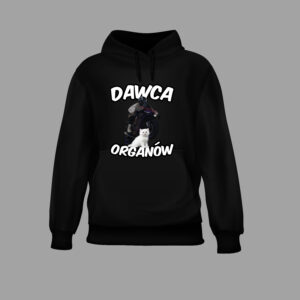 Czarna bluza z napisem Dawca organów, motocykl i biały kot.