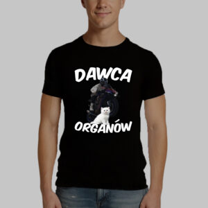 T-shirt z napisem Dawca organów, motocykl oraz biały kot na czarnym tle.