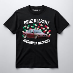 Czarna koszulka z nadrukiem samochodu, tabletek i napisem Gruz klepany, kierowca naćpany.