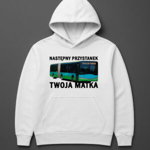 Bluza z kapturem z nadrukiem żartu o przystanku autobusowym.