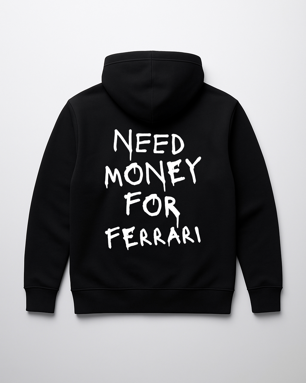 Czarna bluza z napisem Need money for Ferrari na plecach.