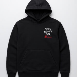 Czarna bluza z napisem Need Money for Art na piersi.