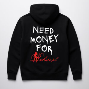 Czarna bluza z napisem Need money for Roksa.pl w kontrastującej bieli i czerwieni.