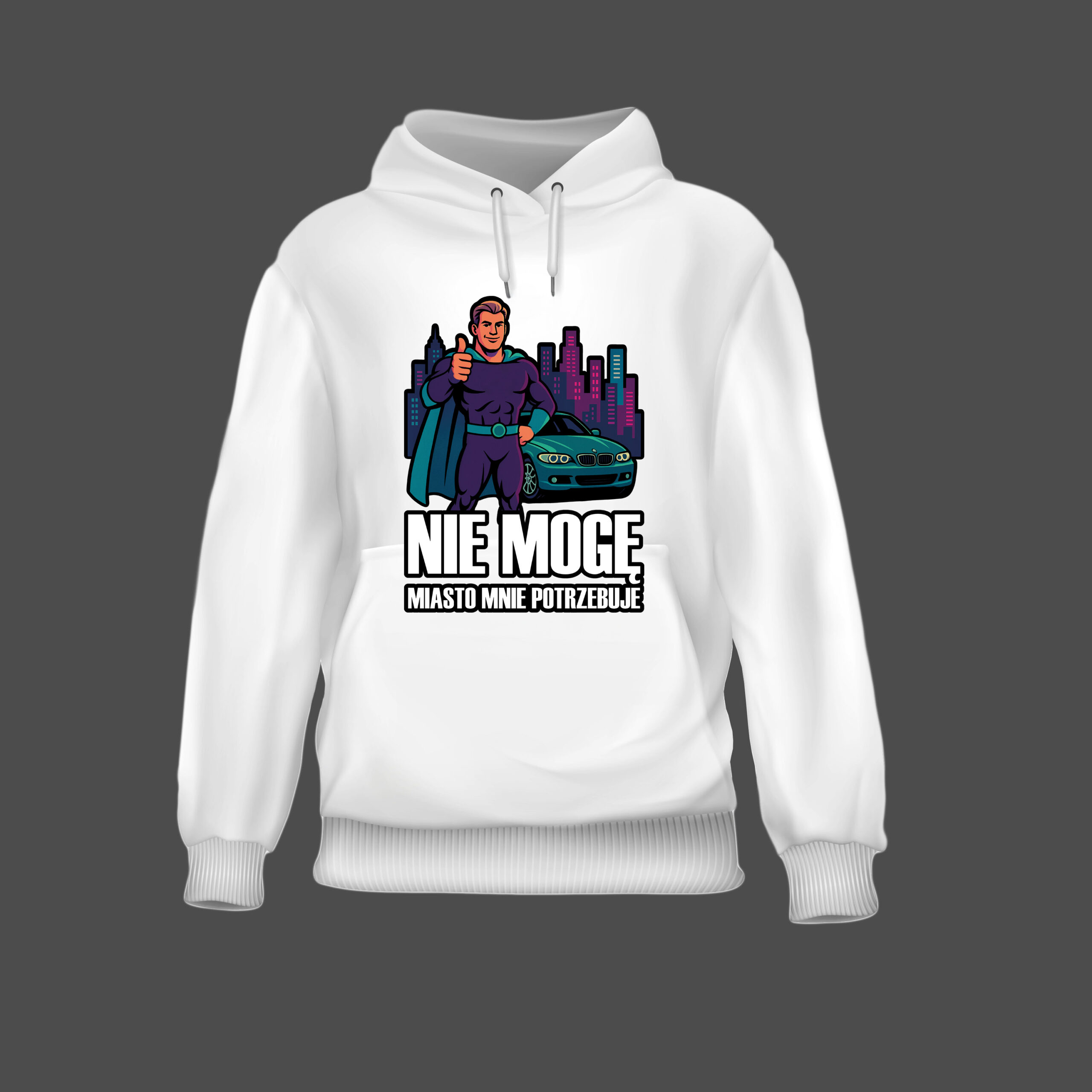 Bluza "Bluza - Miasto mnie wzywa" to biała bluza z kapturem z kreskówkowym superbohaterem trzymającym kciuk w górę przed samochodem i panoramą miasta, z polskim tekstem: NIE MOGĘ MIASTO MNIE POTRZEBUJE.