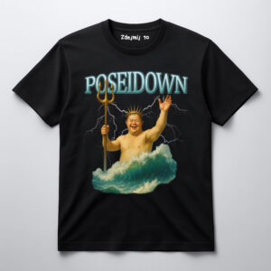 Koszulka z grafiką „Poseidown”, bóg morza z trójzębem i falami.