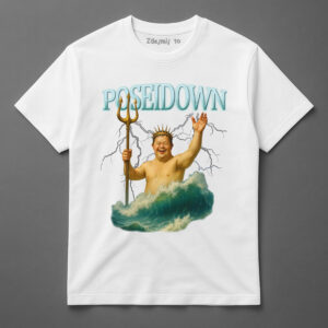 Koszulka z humorystycznym motywem Poseidona z trójzębem i napisem POSEIDOWN.