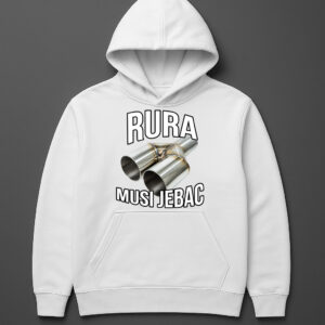 Biała bluza z kapturem z nadrukiem rury i napisem RURA MUSI JEBAC na ciemnym tle.