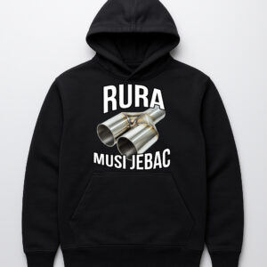 Czarna bluza z kapturem z napisem „RURA MUSI JEBAC” i grafiką rur wydechowych.
