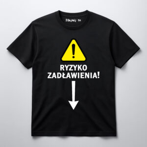 Koszulka z napisem Ryzyko zadławienia! i żółtym znakiem ostrzegawczym.