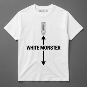 Biała koszulka z napisem White Monster i grafiką puszki napoju energetycznego.