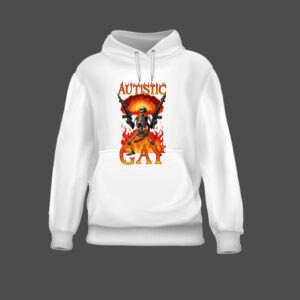 Biała bluza z nadrukiem szkieletu, płomieni i napisami.