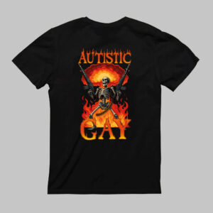 Koszulka z nadrukiem: szkielet z bronią, płomienie, napisy Autistic Gay.