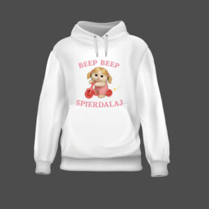 Bluza z nadrukiem psa na rowerze i napisem „BEEP BEEP SPIERDALAJ”.