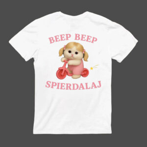 Koszulka z nadrukiem przedstawiającym urocze dziecko na rowerku, z hasłem "BEEP BEEP SPIERDALAJ". Idealna dla osób ceniących oryginalny i humorystyczny styl.