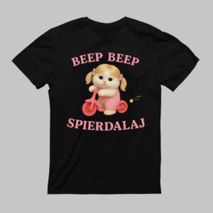 Czarna koszulka z grafiką psa na rowerku i napisem Beep Beep Spierdalaj.