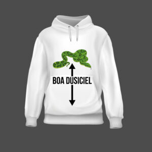 Biała bluza z nadrukiem zielonego boa dusiciela i napisem.