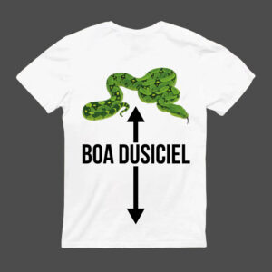 Koszulka z zielonym wężem i napisem Boa Dusiciel na białym tle.