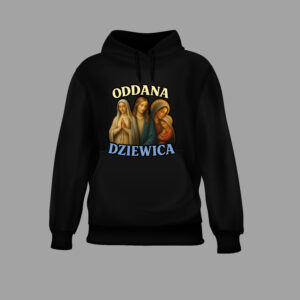 Czarna bluza z napisem Oddana dziewica i trzema świętymi postaciami.