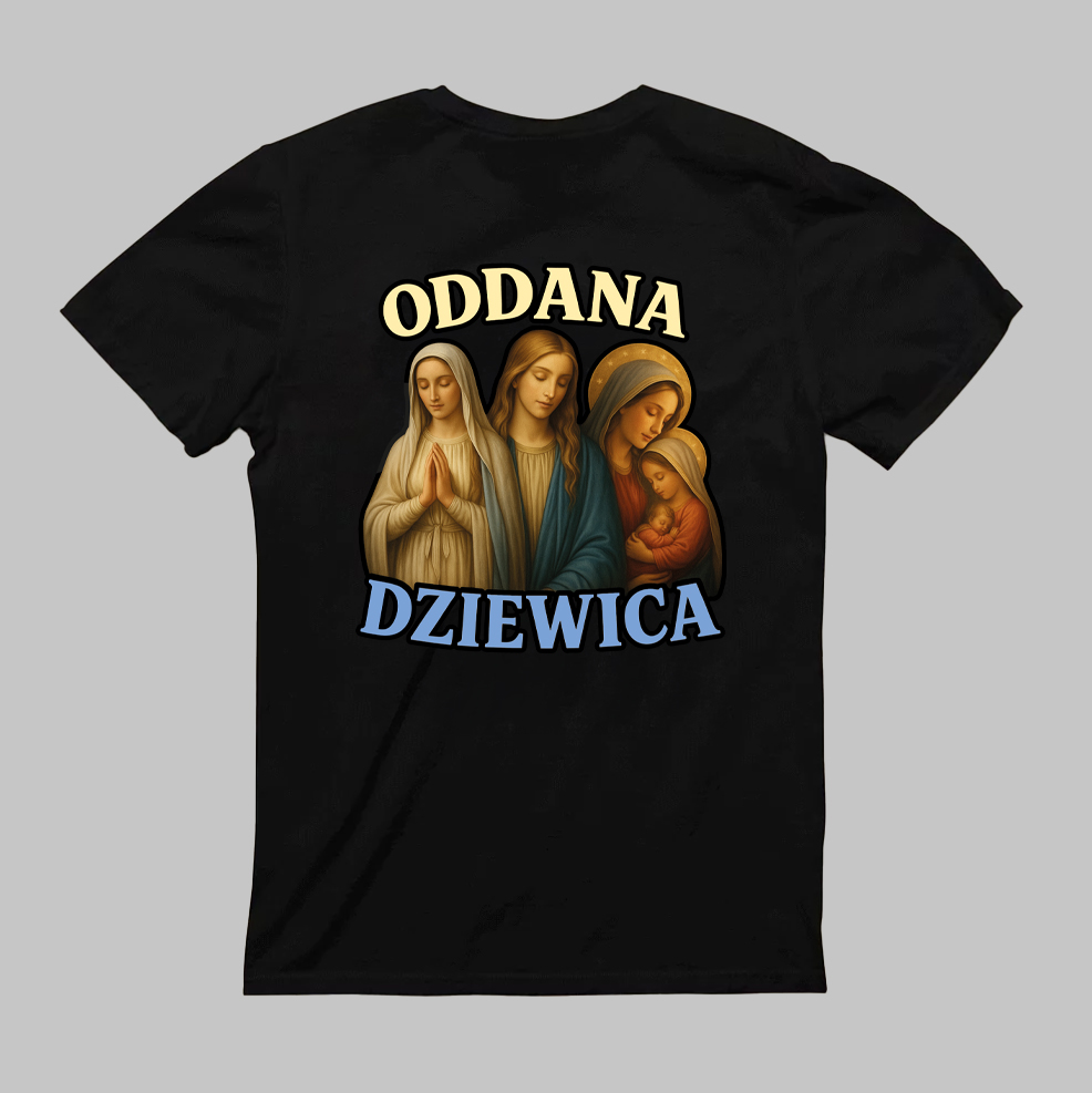 Koszulka z grafiką trzech kobiet i napisem Oddana Dziewica.