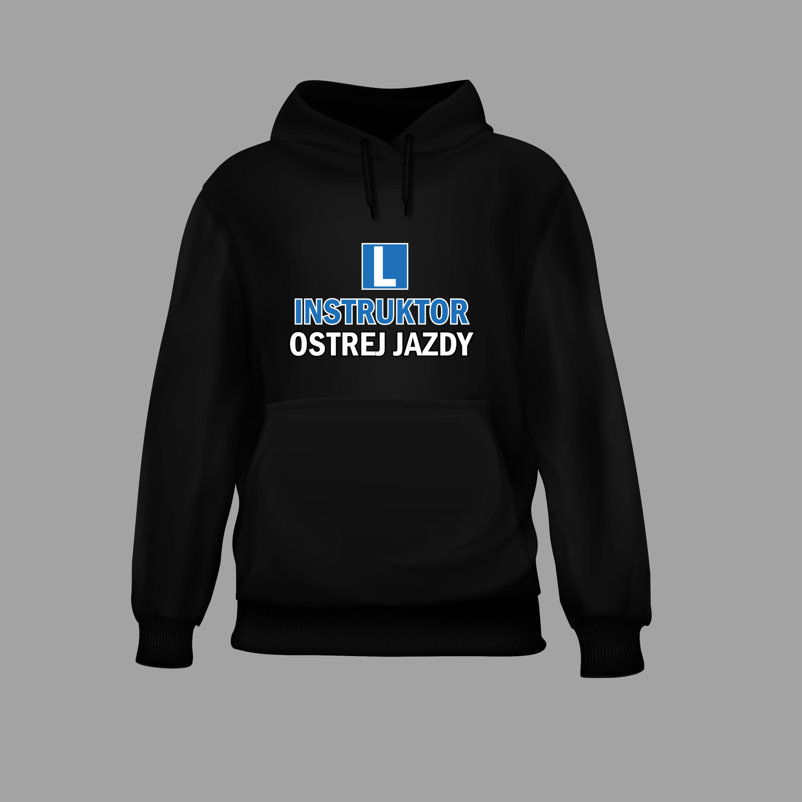 Czarna bluza z napisem Instruktor Ostrej Jazdy i literą L na przodzie.