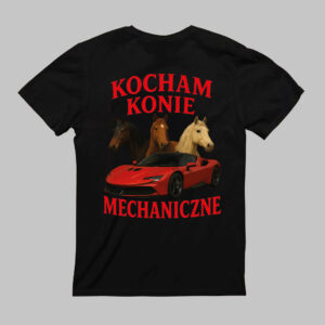 Czarny T-shirt z grafiką koni i czerwonego samochodu, napis Kocham konie mechaniczne.
