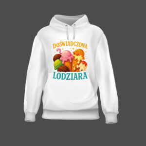 Bluza z nadrukiem Doświadczona Lodziara, kolorowe lody na białym tle.