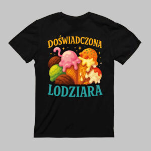 Czarna koszulka z grafiką lodów i napisem Doświadczona lodziara.