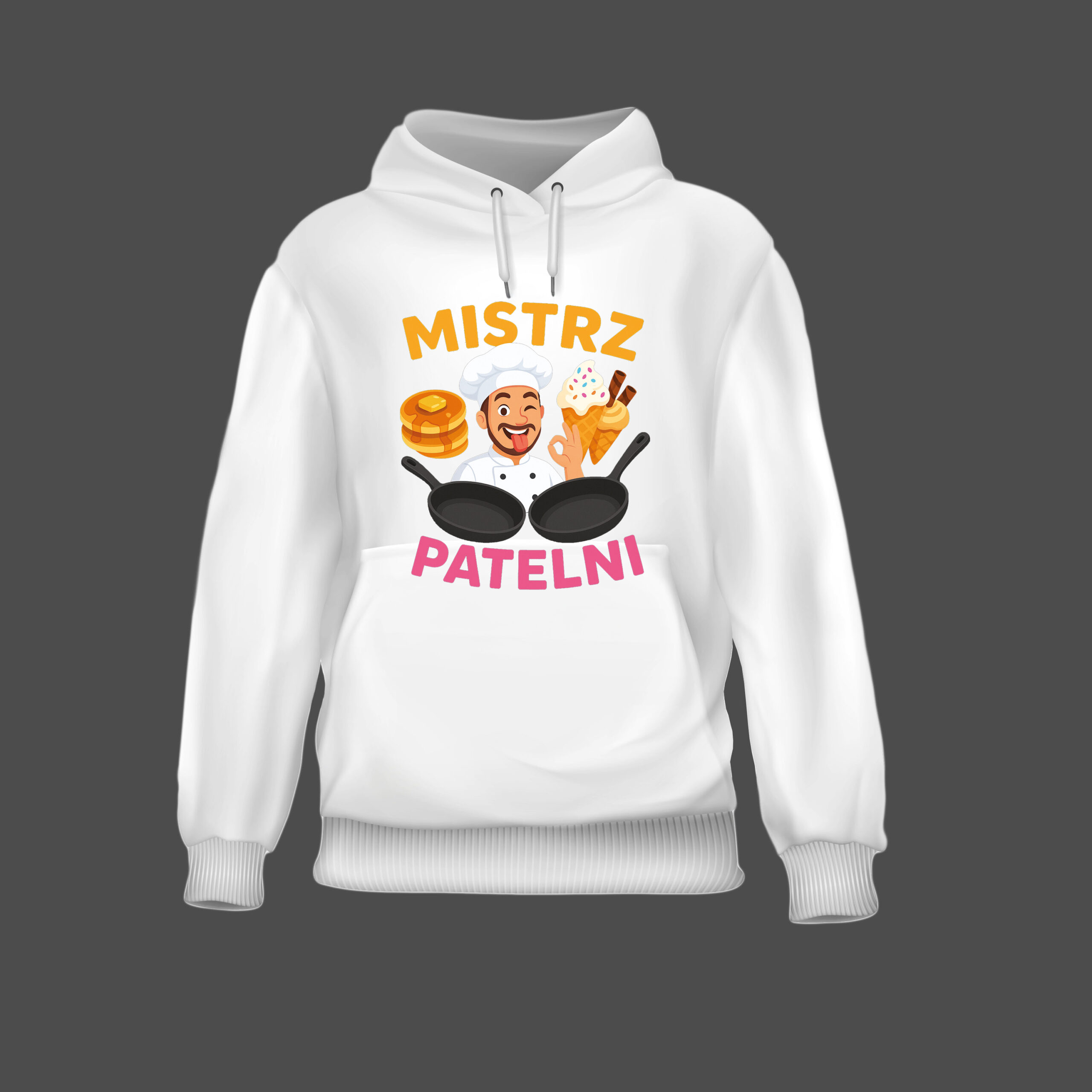 Bluza z napisem Mistrz Patelni, grafika kucharza z patelniami, goframi i lodami.