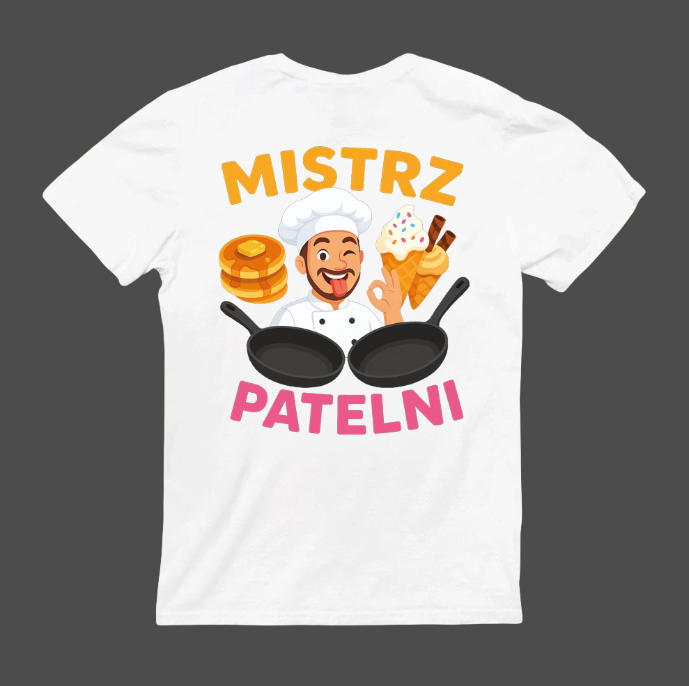 Koszulka "Only Fans" jest biała i przedstawia rysunkowego szefa kuchni trzymającego naleśniki, rożek do lodów i dwie patelnie, z napisem "MISTRZ" powyżej i "PATELNI" pogrubionymi, kolorowymi literami poniżej.