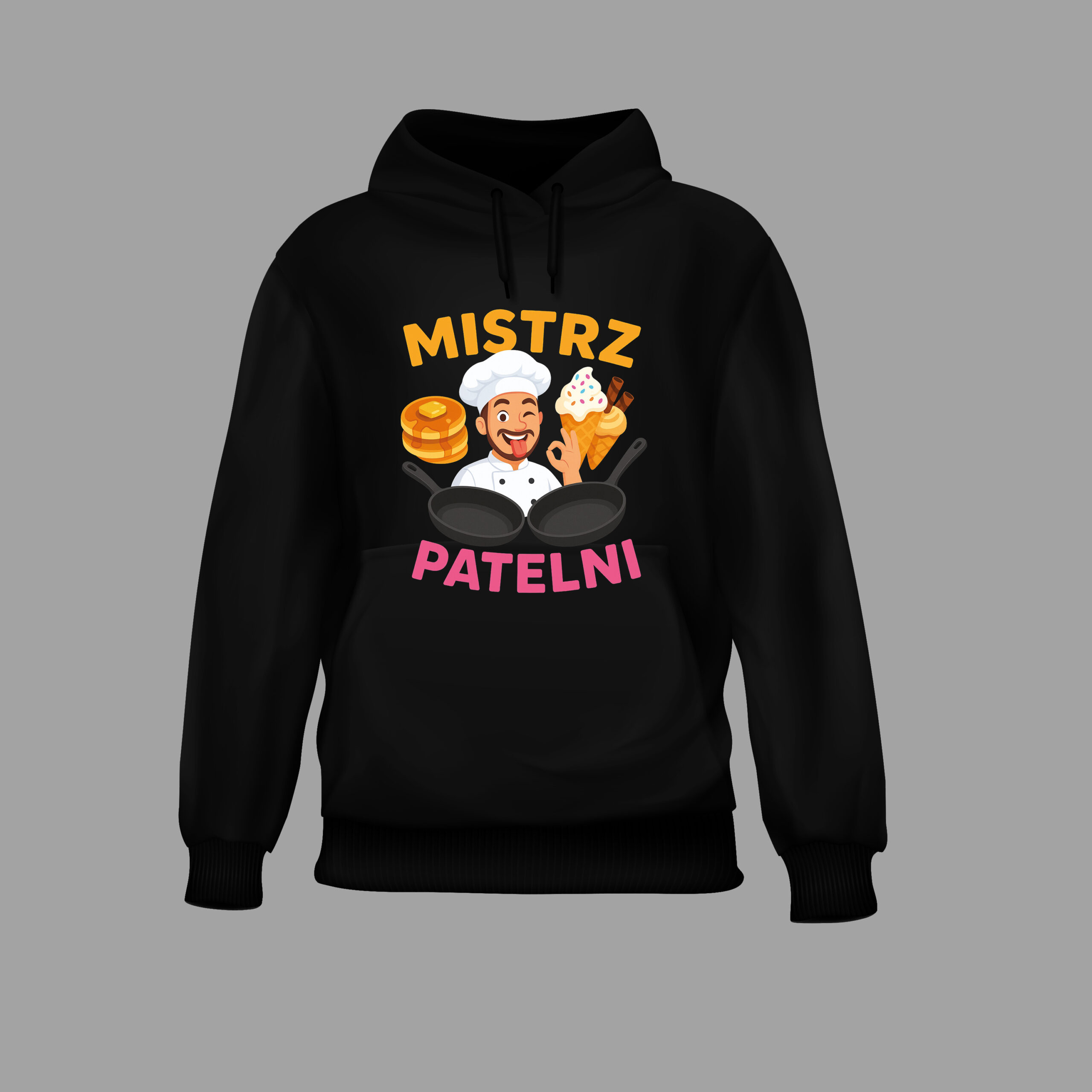 Czarna bluza z kapturem z napisem Mistrz Patelni i grafiką kucharza.