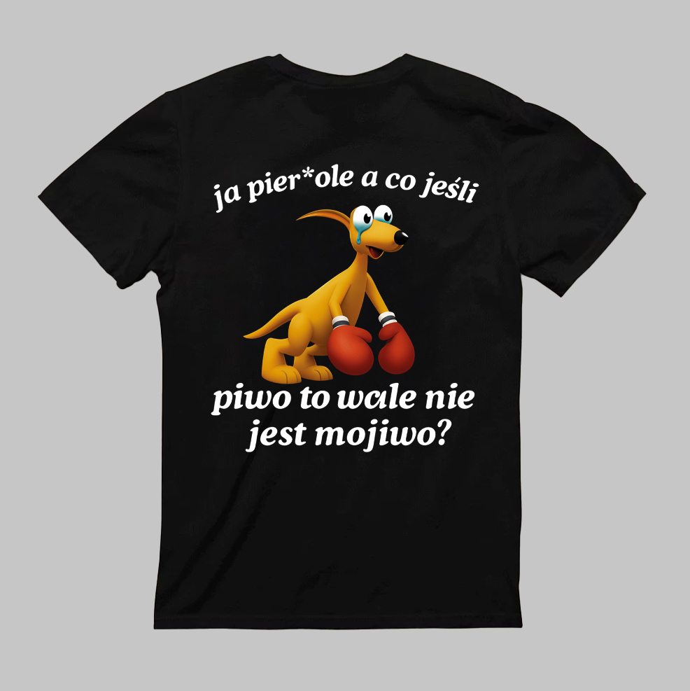 Czarna koszulka z grafiką psa boksującego i humorystycznym napisem o piwie.