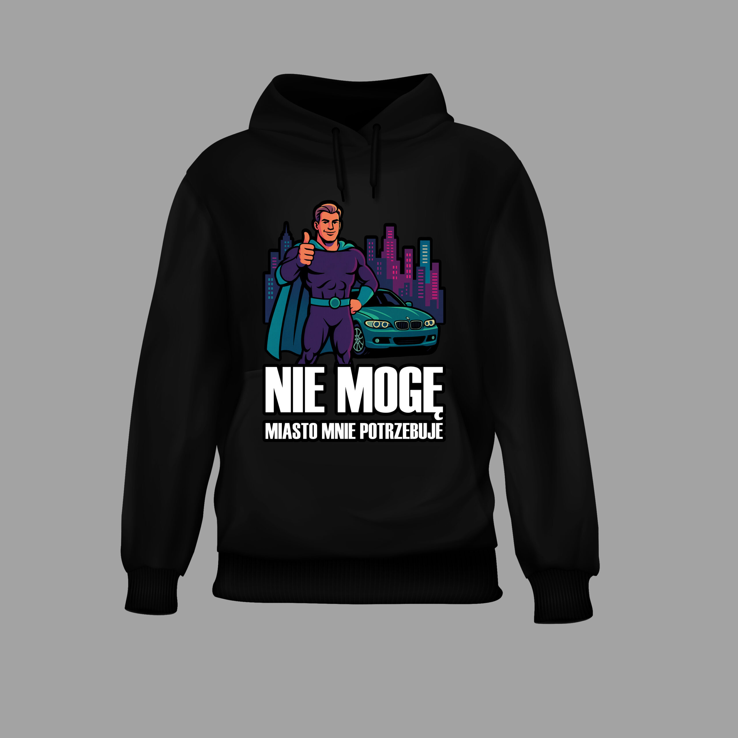 Czarna bluza z nadrukiem superbohatera i miejskiej panoramy, napis Nie mogę, miasto mnie potrzebuje.