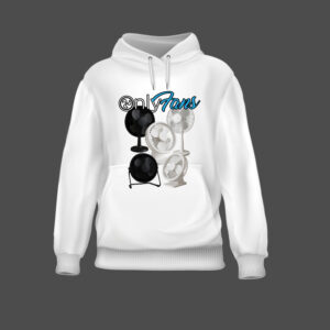 Biała bluza z nadrukiem wentylatorów i napisem stylizowanym na znane logo.