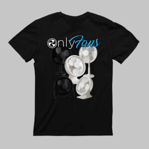 Koszulka z napisem OnlyFans oraz grafiką wentylatorów w tle.