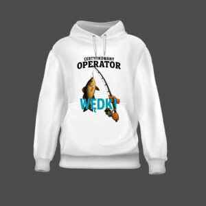 Biała bluza z nadrukiem Certyfikowany operator wędki z rybą i wędką.