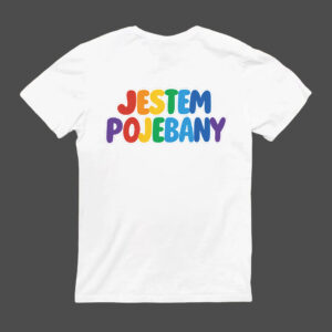 Koszulka "T-Shirt - Only Fans" zawiera polską frazę "Jestem Pojebany" w odważnym tęczowym gradiencie z tyłu białej koszulki, pokazanej na jednolitym ciemnym tle.