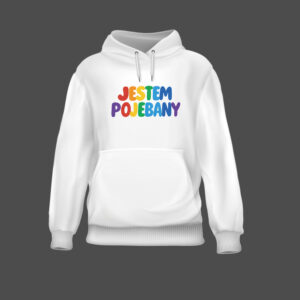 Biała bluza z nadrukiem JESTEM POJEBANY w tęczowych kolorach.