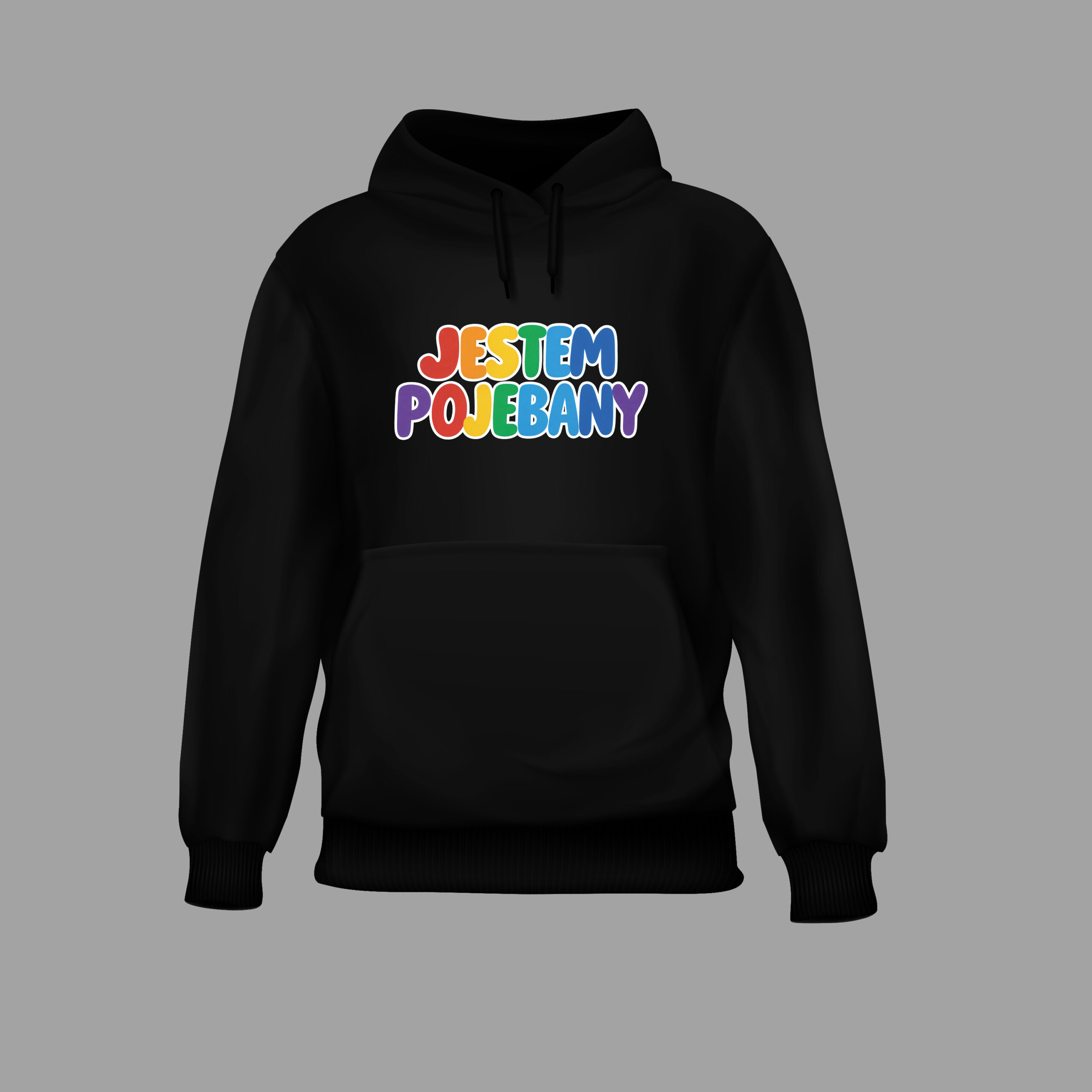 Czarna bluza z kapturem z kolorowym napisem Jestem Pojebany.