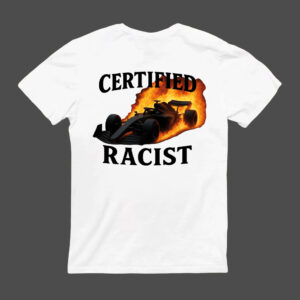 Biała koszulka "Only Fans" z grafiką samochodu wyścigowego.