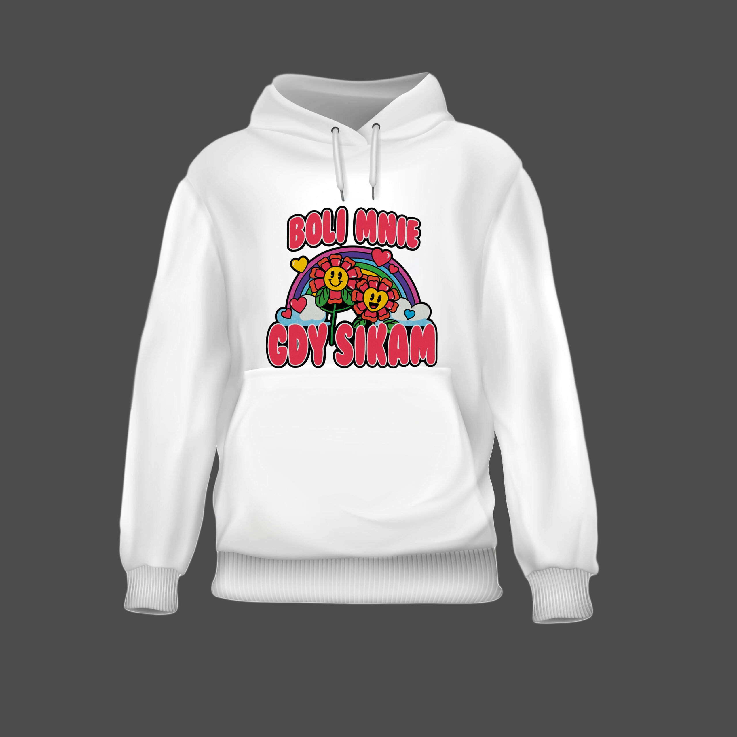 Bluza z napisem Boli mnie gdy sikam i rysunkiem kwiatów na tle tęczy.