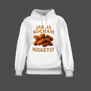 Bluza z nadrukiem Jak ja kocham nuggetsy, biała, dla miłośników jedzenia.