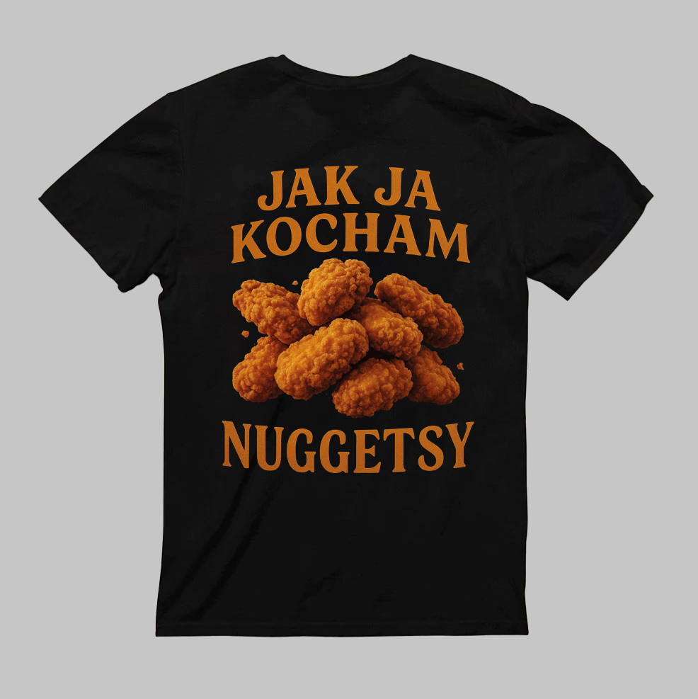 Koszulka z nadrukiem Jak ja kocham nuggets i grafiką nuggetów na czarnym tle.