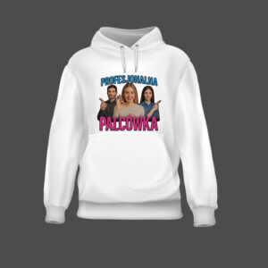 Biała bluza z nadrukiem Profesjonalna Palcówka, trójka ludzi na przodzie.