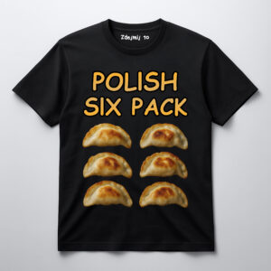 Czarna koszulka z grafiką sześciu pierogów i napisem Polish Six Pack.