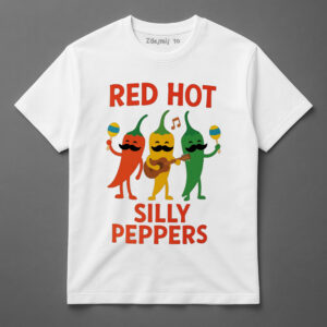 Koszulka z grafiką papryczek w wąsach, z napisem Red Hot Silly Peppers.