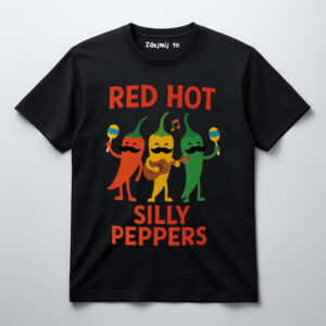 Koszulka z chili i napisem Red Hot Silly Peppers, czarne tło.