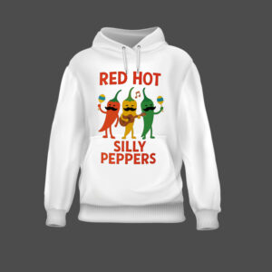 Bluza z nadrukiem trzech papryczek z wąsami i instrumentami muzycznymi.