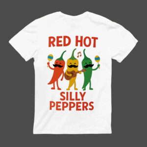 Koszulka z trzema paprykami z wąsami, instrumentami i napisem Red Hot Silly Peppers.
