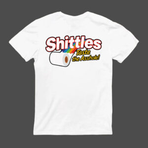 Koszulka z żartobliwym nadrukiem: Shittles z rolką papieru toaletowego.