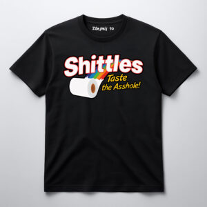 Czarny t-shirt z satyrycznym nadrukiem, papier toaletowy i tęcza.
